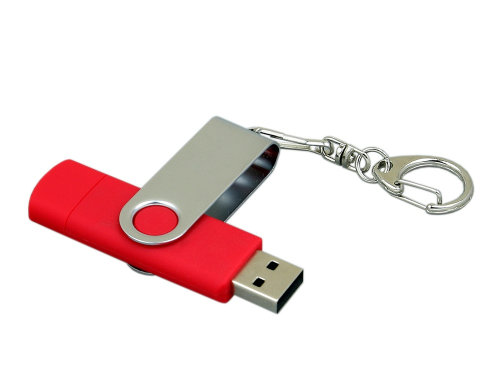 Флешка с  поворотным механизмом, c дополнительным разъемом Micro USB, 16 Гб, красный